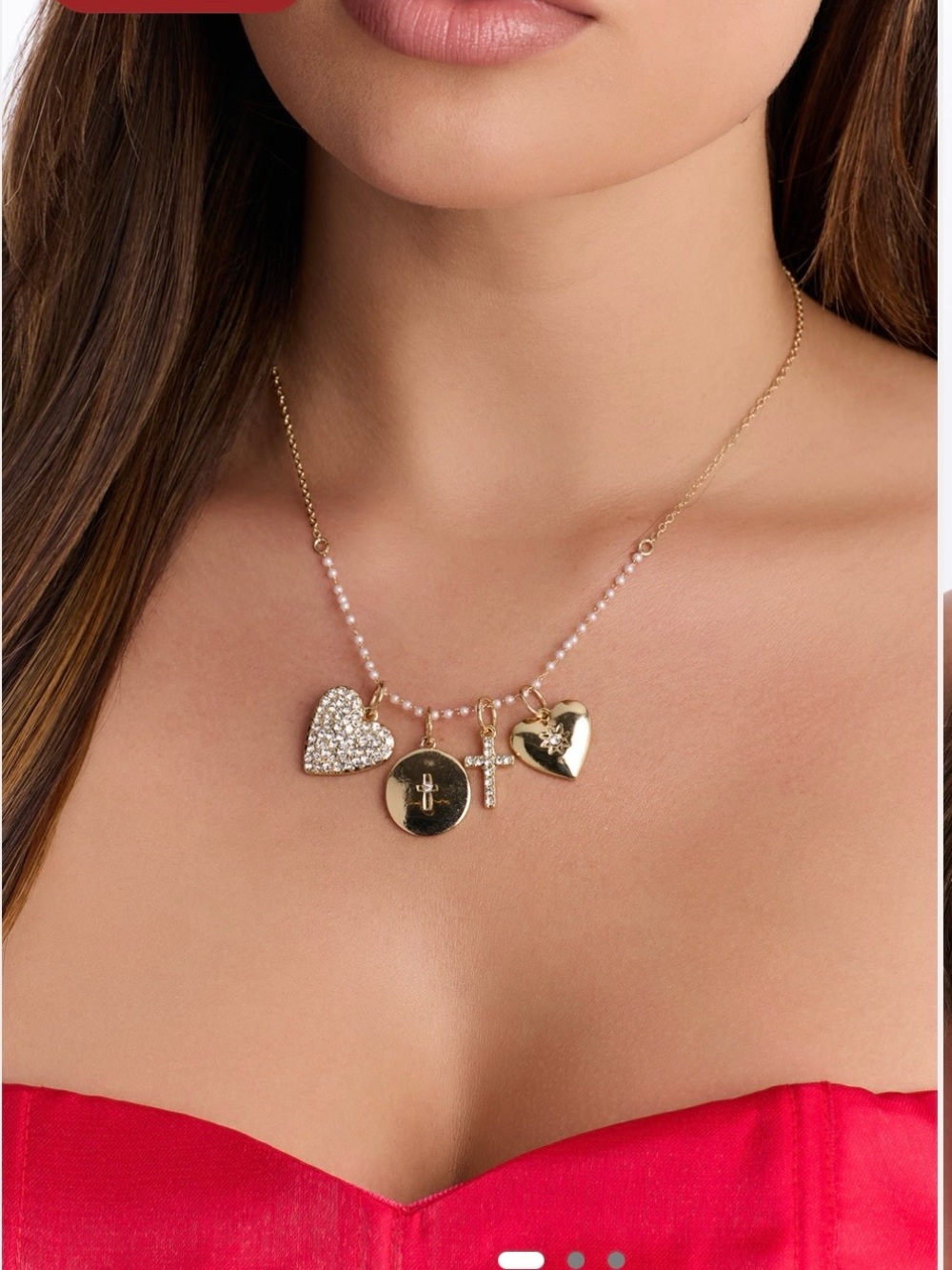 Gold Heart & Cross Charm Necklace with Pink Bead Chain